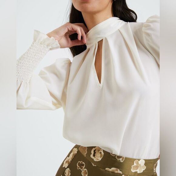 NWOT French Connection Cream Crepe High Neck keyhole Long Sleeve Top size medium - Picture 1 of 13